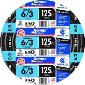 63950002 Southwire 125 Ft. 6/3 Black Stranded Romex Simpull Cu Nm-b With G Wire Coded Jacket