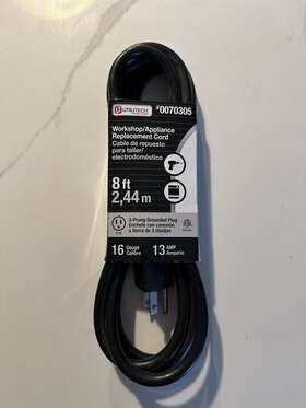 Utilitech 054732805839 Workshop/appliance Replacement Cord 16 Gauge 13 Amp 3 Prong 8 Ft
