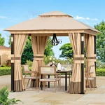 8'X8' Outdoor Gazebo Patio Pavilion Canopy Tent With Led Lights Curtains Khaki. Fixed Price $334.99.